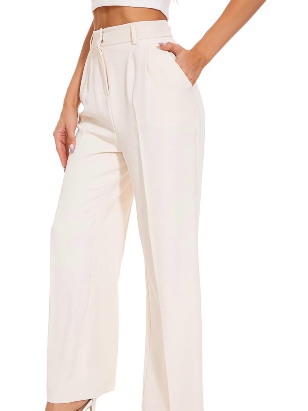 High-Waist Cream Wide-Leg Dress Pants